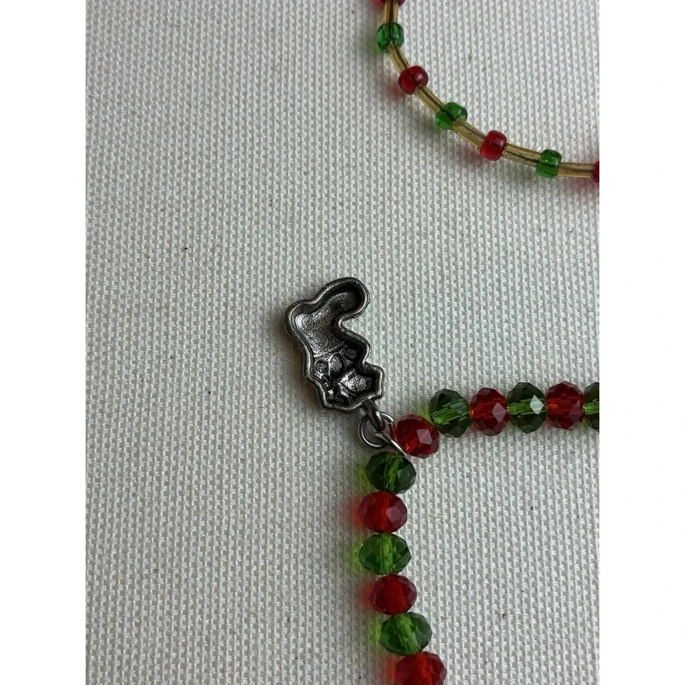 VTG Christmas Bracelet Set Red & Green Crystal Beads with Holiday Charms